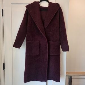 Burgundy real angora fuzzy cardigan coat with hood